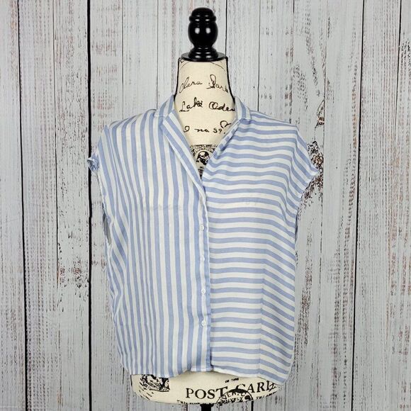 Everly Blue & White Striped Small Oversized Button Down Loose Fit Shirt Blouse - Picture 1 of 7